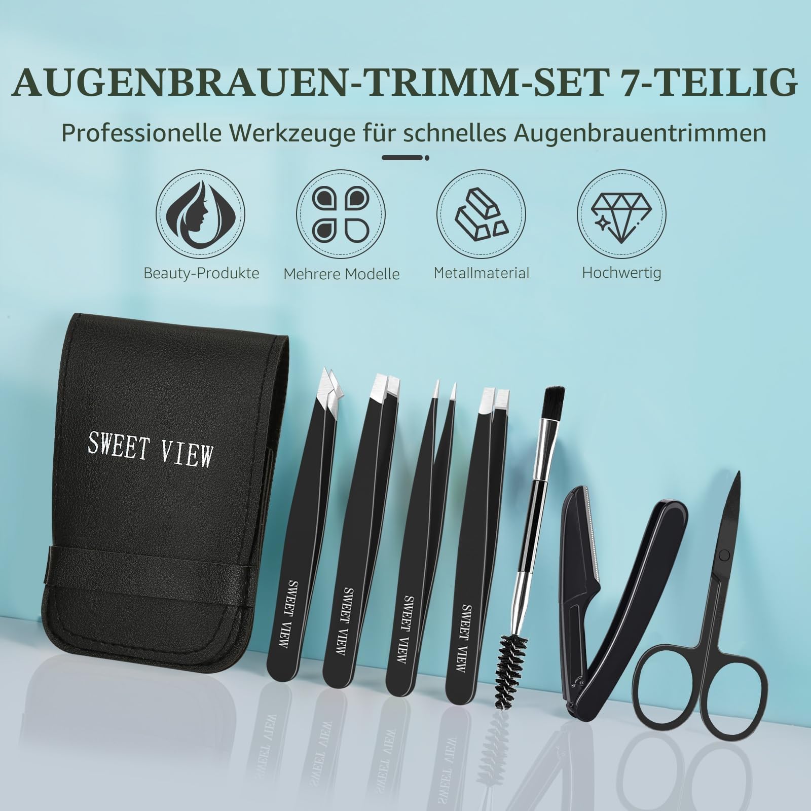 SWEET VIEW 7 Stück Pinzetten-Set, Augenbrauenzupfer für Frauen und Männer Gesicht, Braue, Kinn, eingewachsene Haare (Schwarz) 6