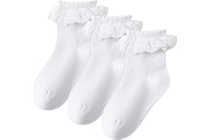 Haakong 3 Pairs Girls White Ruffle Socks White Ruffled Lace Socks for Girls Toddler Cute Socks