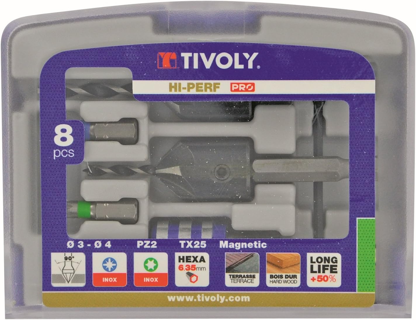 Tivoly 11900670002 Tool Set including Drill Bits/Walnut Bits/Screw Bits/Bit Holder, Grey, 5 Pieces