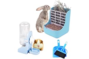 HERCOCCI PET Feeder and Water Bottle Set, Large Blue (500ml), Durable Hay Food Bin Feeder, Food Bowl, Gravity-Fed Water Dispenser for Rabbit, Guinea Pig, Chinchilla