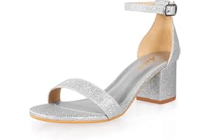 Ankis Nude Silver Black Heels Women's Open Toe Ankle Strap Block Chunky Low Heeled Sandal Comfortable Office Wedding Dress Pump Shoes Standard Size 2.25 Inches Heel Design