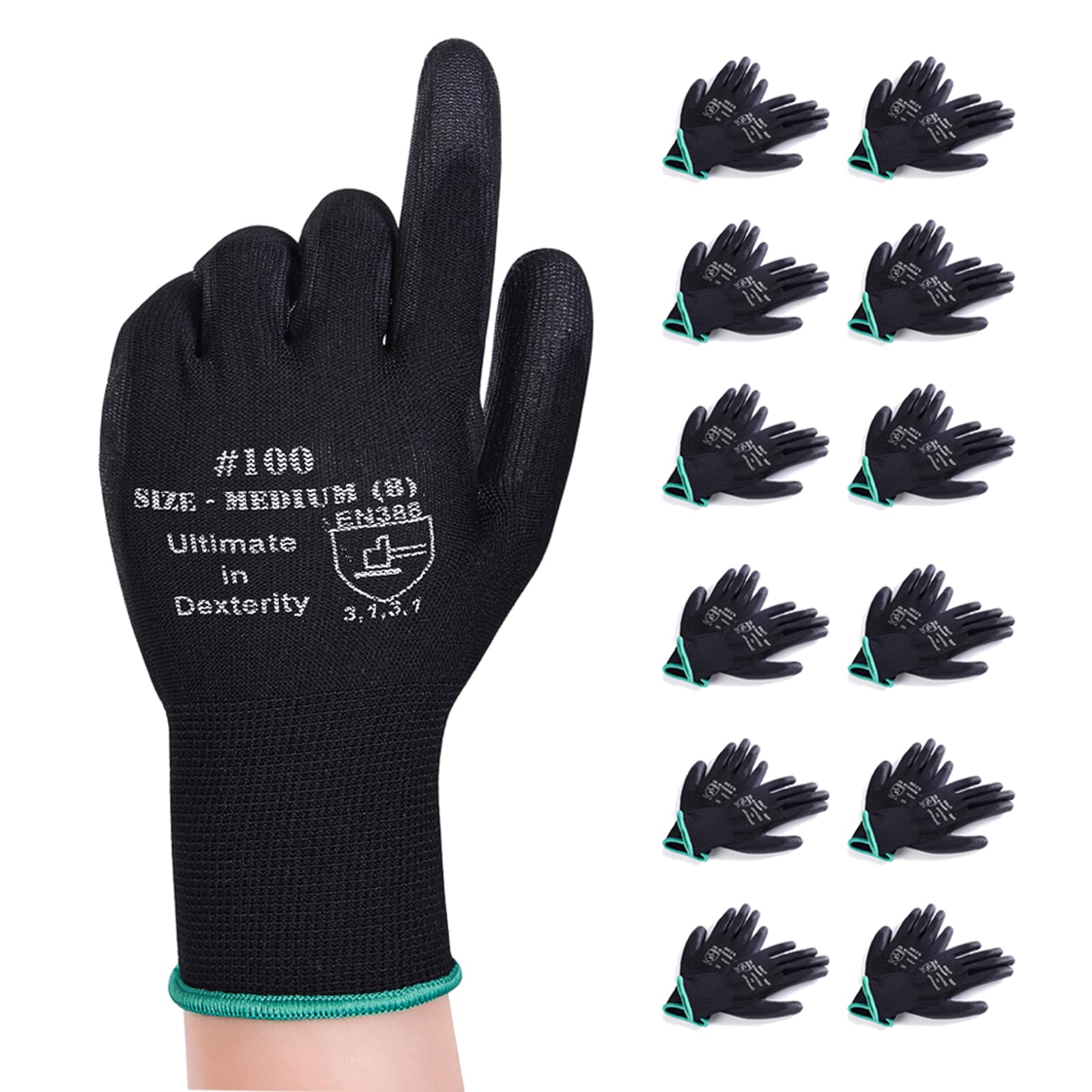 Donfri 12 Pairs PU Coated Safety Work Gardening Gloves Men High Performance EN388 Black Non-slip Protective Handling Gardening Builders Mechanic Breathable Washable (M/8)
