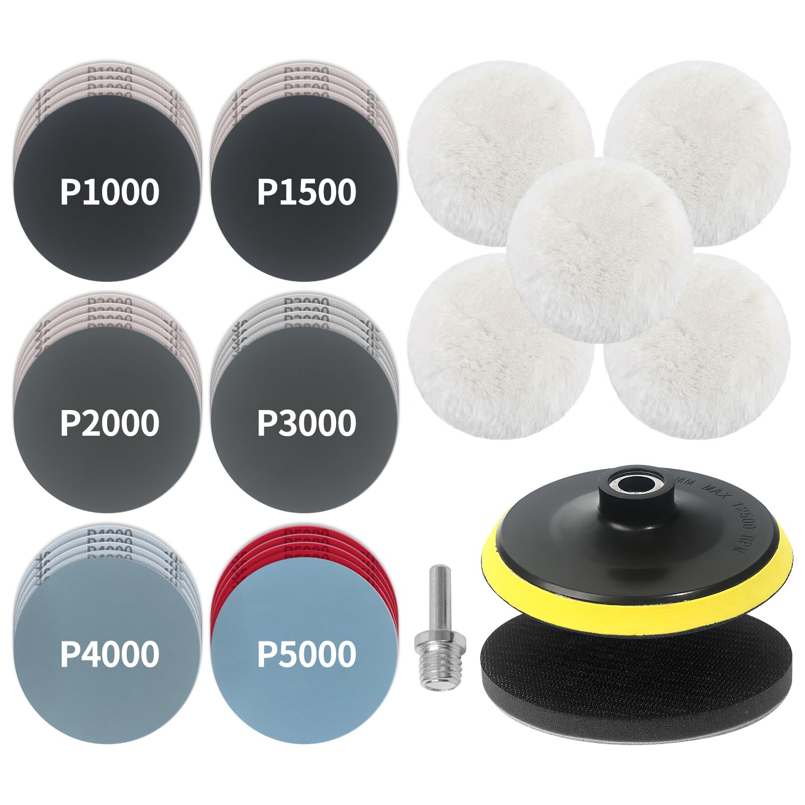 Elechiakan 38PCS 125mm Sanding Discs, Wet and Dry Sandpaper Grit 1000-5000 for Cars, Wool Polishing Pads with Soft Foam Buffering Pad, Orbital Sander Discs with M14 Drill Adapter for Wood, Metal