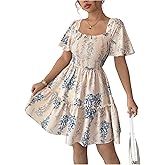 SOLY HUX Women's Floral Mini Dress Short Sleeve Square Neck Vacation A Line Flowy Dresses