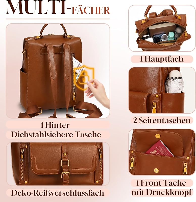 Rucksack Damen Wasserdicht,Diebstahlsicherer Cityrucksack,Veganes Leder Rucksack,eleganter Tagesrucksack,Leichte Rucksackhandtasche für Alltag,Pendeln,Büro,Uni und Reisen