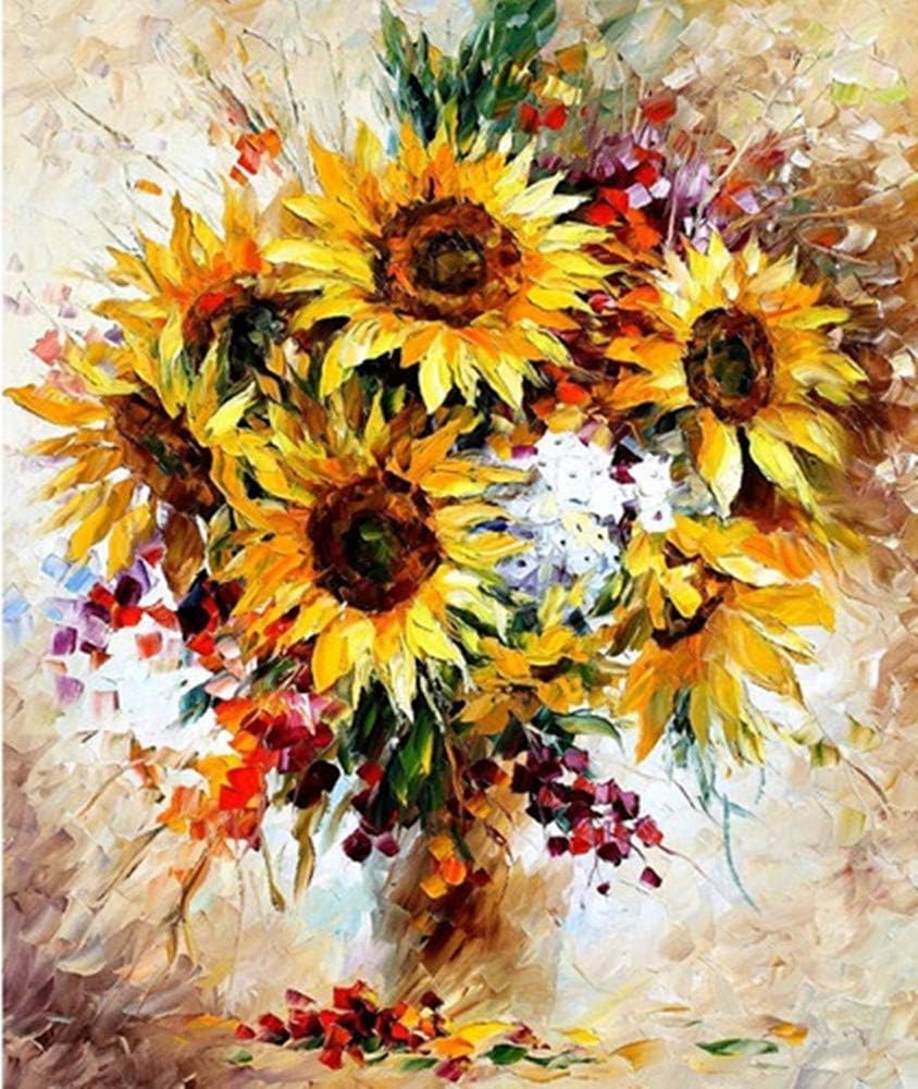 YEESAM ART Paint by Numbers for Adults Beginners Sunflowers Flowers Vase 16x20 inch Linen Canvas Acrylic DIY Number Painting Kits Wall Art Decor Gifts (Framed)