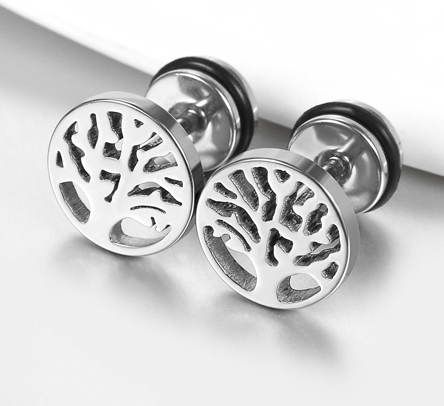 JewelryWe Pair of Men's 9mm Stainless Steel Tree of Life Stud Earrings Black Tapers Cheater Faux Fake Ear Plugs Gauges Illusion Tunnel Non Pierce Body Jewellery - Image 3