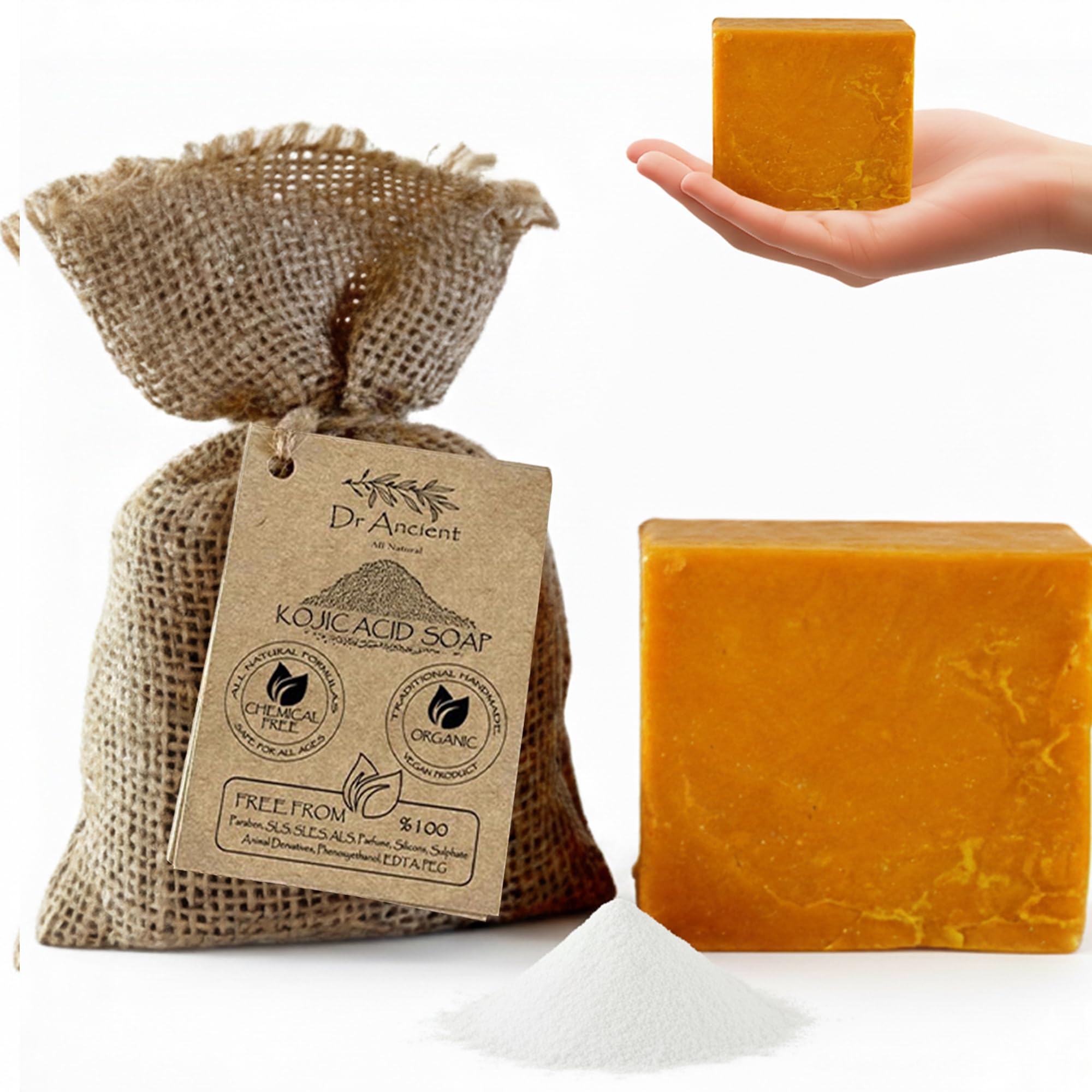 Dr.Ancient Kojic Acid Soap Bar, Organic Soap Bars Handcrafted the Traditional Way, Natural Chemical-Free, Used for Face Wash, Body Wash, and Hand Cleansing, Exfoliating & Daily Skincare