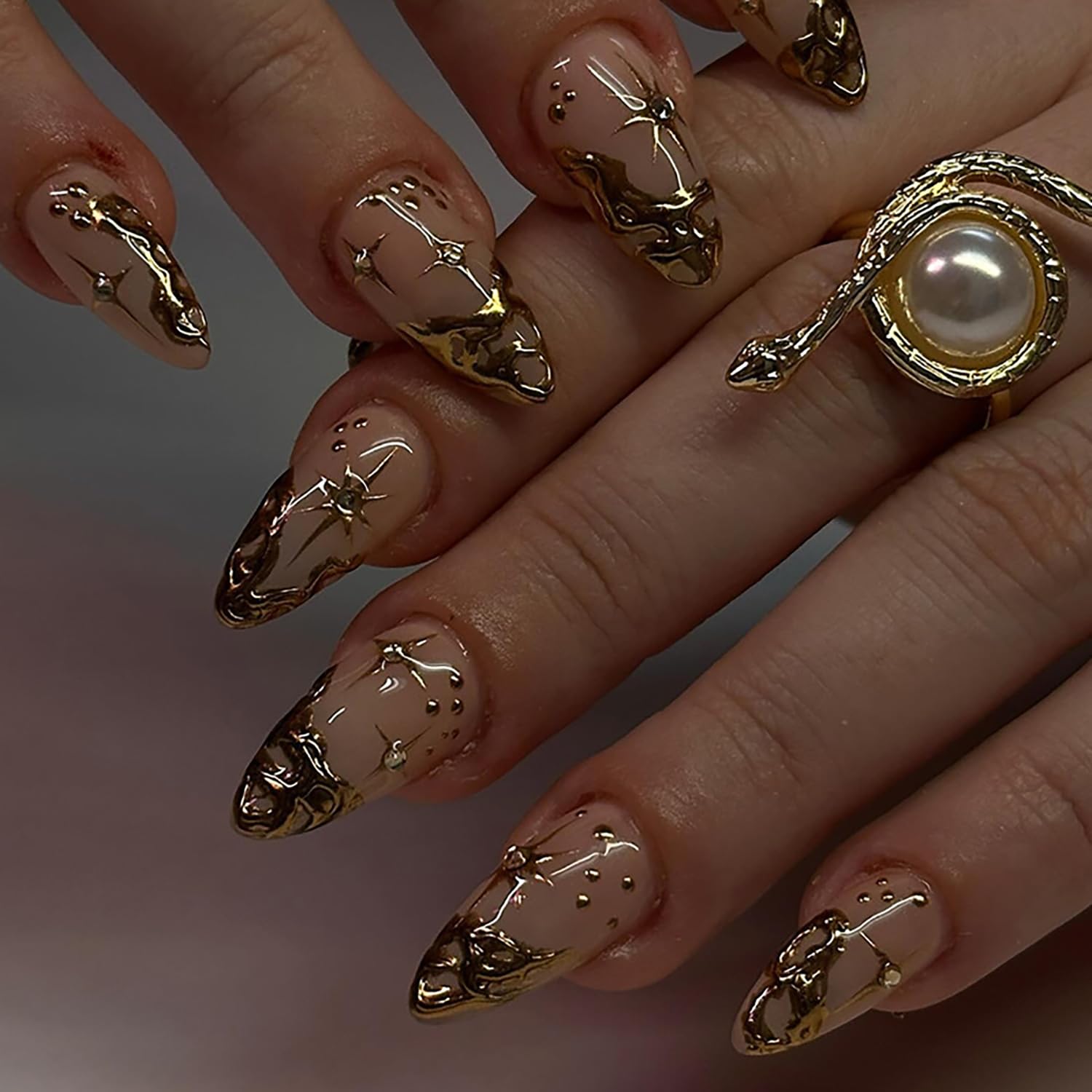 TBRZTR Gold French Tip Press on Nails - Medium Almond Shaped 3D Irregular False Nails With Stars Design Rhinestones - Acrylic Full Cover Coffin Nails - Reusable Glue on for Women 24Pcs