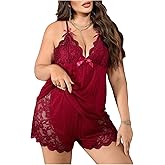OYOANGLE Women's Plus Size Cami Top and Shorts Pajama Set Lace Trim Sleeveless V Neck Lingerie Sleepwear