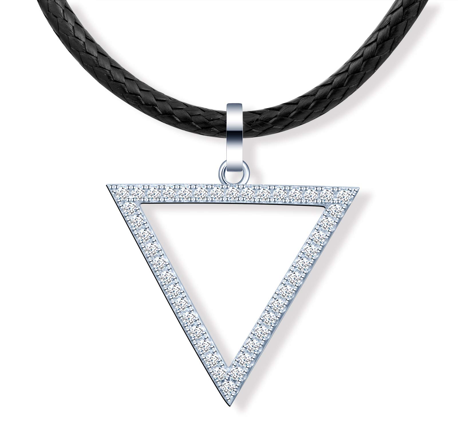 MicLee Women's girl's Necklace pendant, 925 Sterling Silver necklace, Fashion triangle necklace, Choker, black leather cord, Inlaid zircon, beautiful and shining pendant, silver