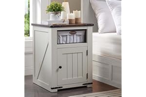 SinCiDo Nightstand with Charging Station, 20" Farmhouse End Table w/Groove Barn Door, Rustic Wood Sofa Side Bedside Table w/Open & Adjustable Shlef for Bedroom, Living Room, White