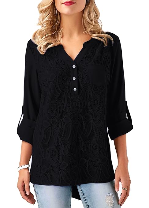 Bequemer Laden Damen Shirt Langarm Chiffon Spitzen Bluse Übergröße Tunika mit Knopf Vorne V-Ausschnitt Oberteile T-Shirt Eleg