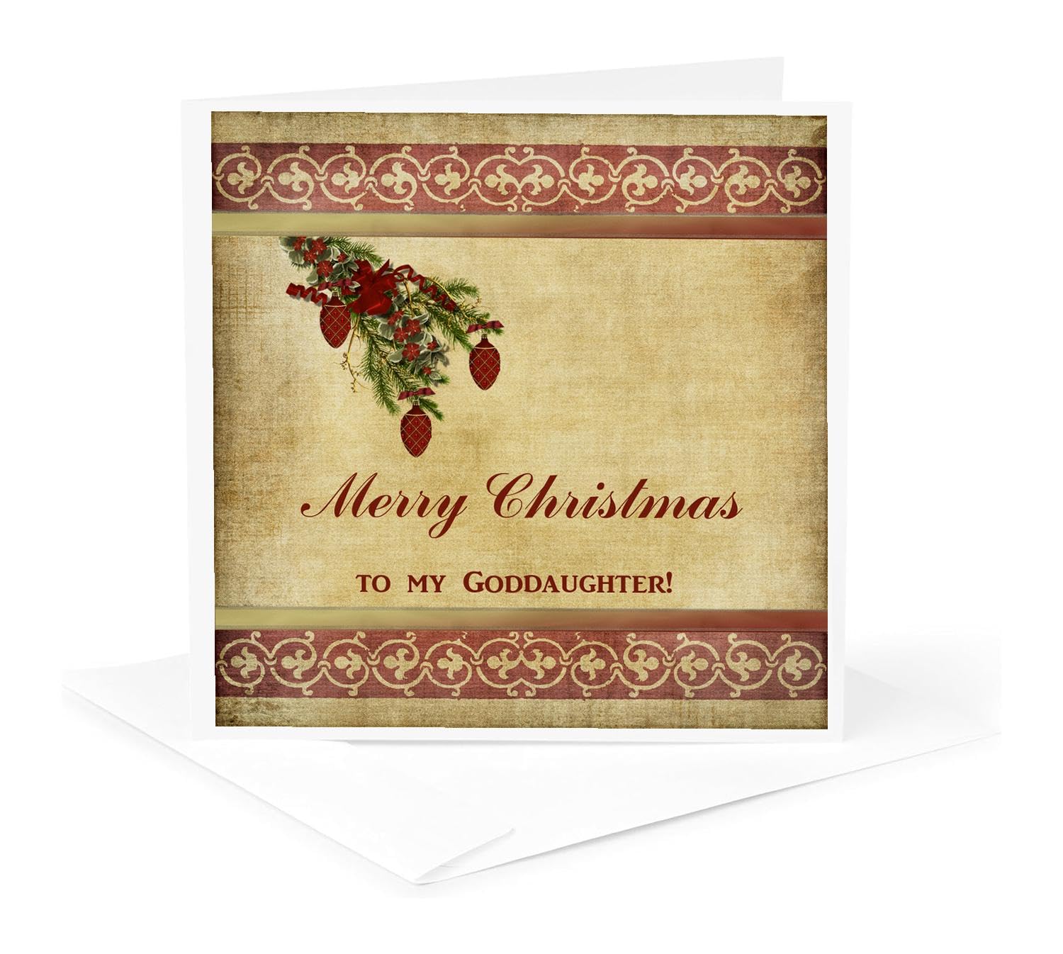 3Drose Christmas Tree Decorated Branch with Red Ornaments, Flowers, and Ribbons, to My Goddaughter - Greeting Card, 6 by 6-inch (gc_157967_5)