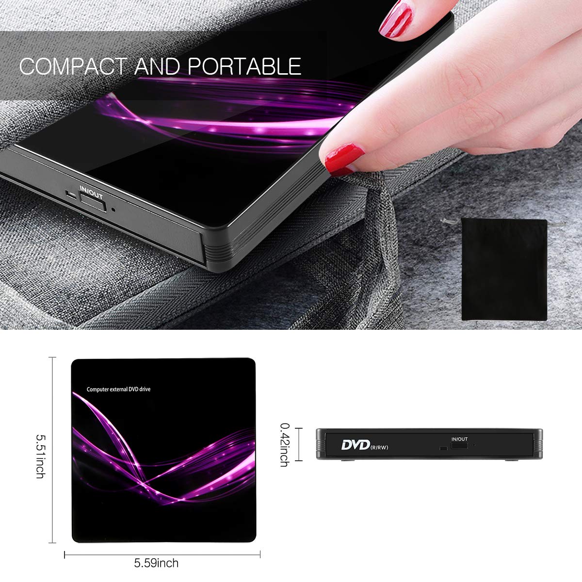 Masterizzatore DVD Externo, Unità CD Esterna USB 3.0 Tipo C Porta doppia - AMIGIK Lettore OtticoPortatile CD DVD +/-RW ROM per Computer Portatile Taccuino Windows 10/8/7/XP, Linux, MacOS, Vista7/8