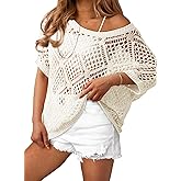 Dokotoo Women's Crochet Cover Up Tops Summer Short Sleeve Off Shoulder Sweater Shirts Beach Swimsuit Coverup