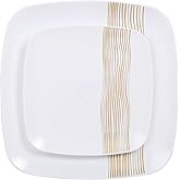 R-kay Gold Plastic Plates - 40 Pack - 20 Square 10.25'' & 20 Round 7.5'' Disposable Plates - Heavy Duty Plastic Plates for Party & Wedding