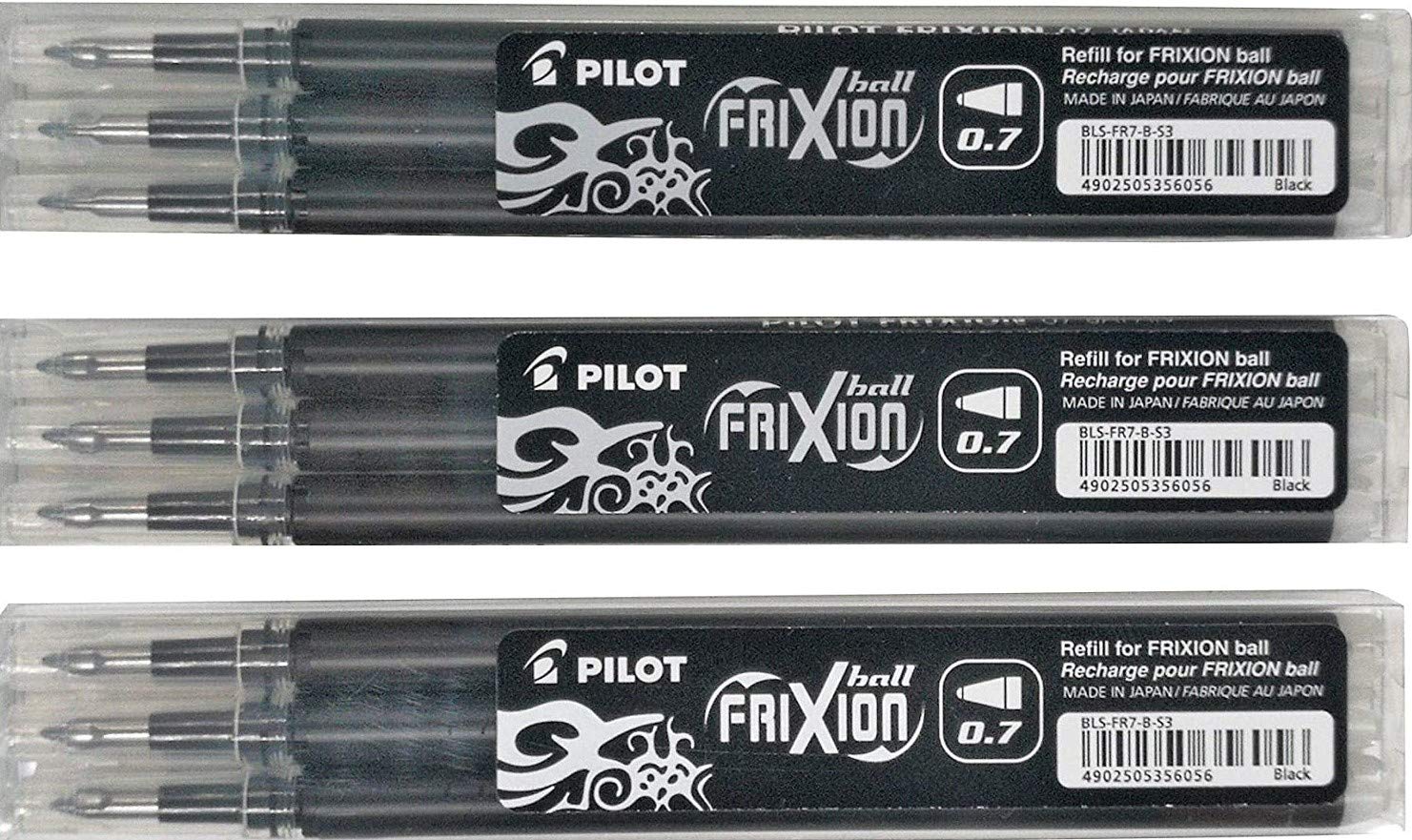 Pilot Frixion erasable pens refill, 9 refill bundle Black gel ink fine point 07 (Black) New