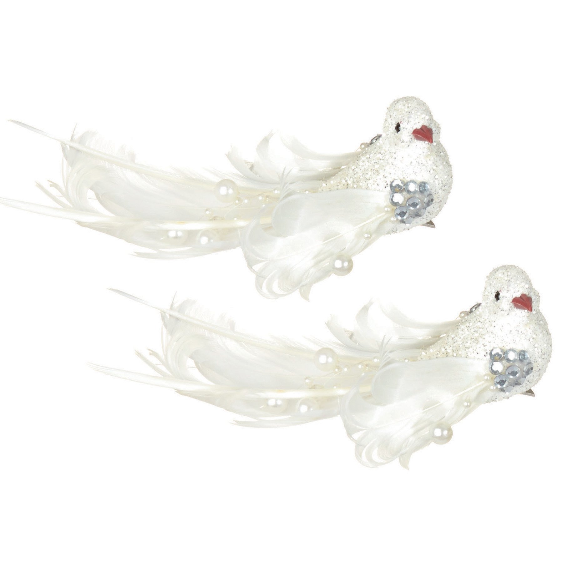 Premier Christmas Decoration 16cm 2 Pack Clip on Birds with Beads - White