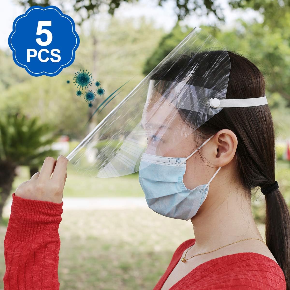 VADIV Reusable Safety Face Shield with Adjustable Elastic Band and Transparent Film to Protect Eyes and Face, Protection From Splashes, Sand, Water and Oil，for Women and Men (5 PCS)