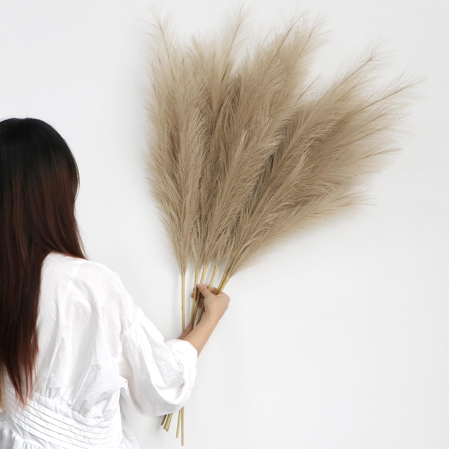 YiYa Brown Pampas Grass Fluffy 6 Pcs Artificial Pampas Grass 113CM Faux Large Pampas Grass for Floor Vases Tall Plant Flowers Boho Home Decor