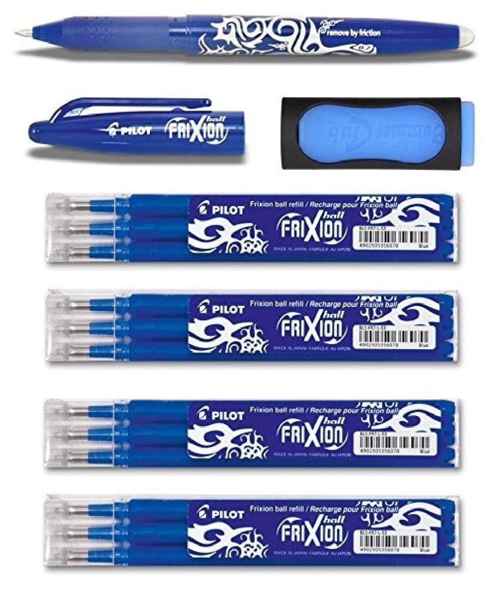 Pilot Frixion roller ball pen [0.7], 12 refills, refills pack of 4, det of 3 blue with 1 Frixion ball pen in blue and 1 Frixion original remover in blue.