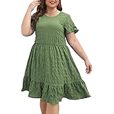 Celkuser Plus Size Casual Midi Dresses for Curvy Women Summer Round Neck Swing Dress with Pockets