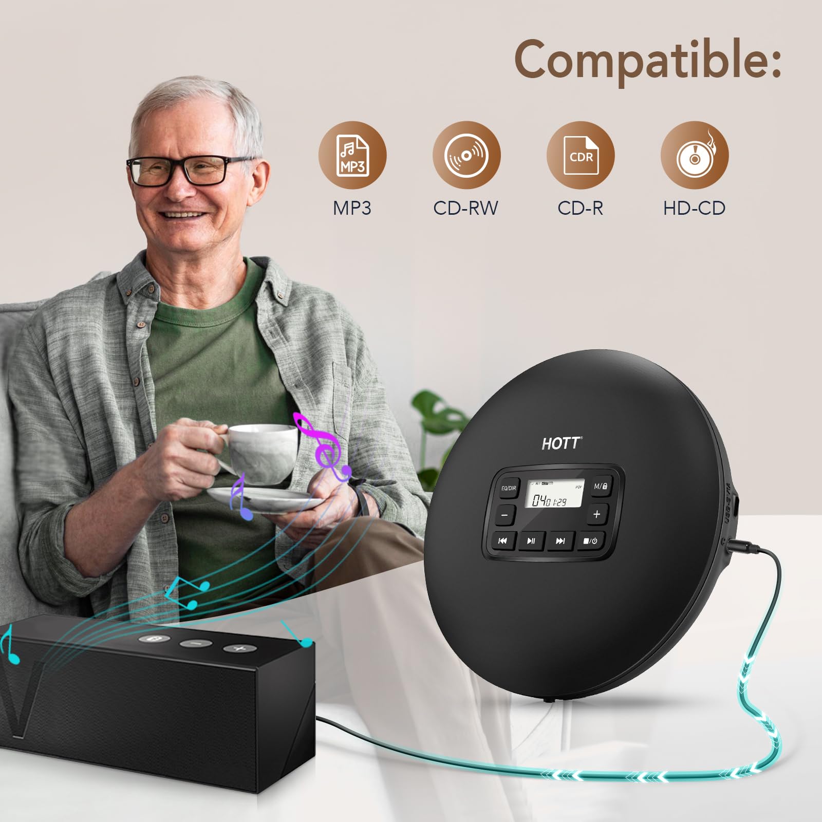 HOTT C204 Basic Portable CD Player with Anti-Skip Protection - AA Battery Powered, Compact CD Players MP3/CD-R Compatible, Built-in Headphones & AUX Output for Car, Home, Trave Multiple cd Players