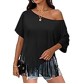 MYMORE Women's Off The Shoulder Fringe Tops Oversized T-Shirt Short Sleeve Western Cowgirl Cowboy Top Country Concert Outfit