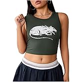 WDIRARA Women's Graphic Crop Tank Tops Scoop Neck Sleeveless Shirt Grunge Punk Gothic Streetwear