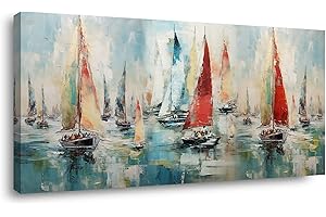 TEKMENT Colorful Sailboat on Water Sea View Oil Painting Style Wall Art Decor Artwork for Living Room (20x40 Inches)