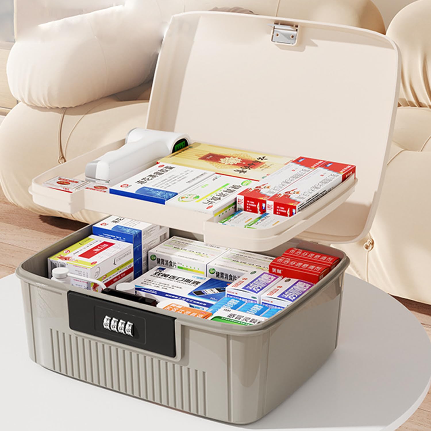 Grey/9L Double Layers Multi Grid Medicine Organiser - First Aid Box with Lid - Code Box Medicine Cabinet for Home & School — image 1