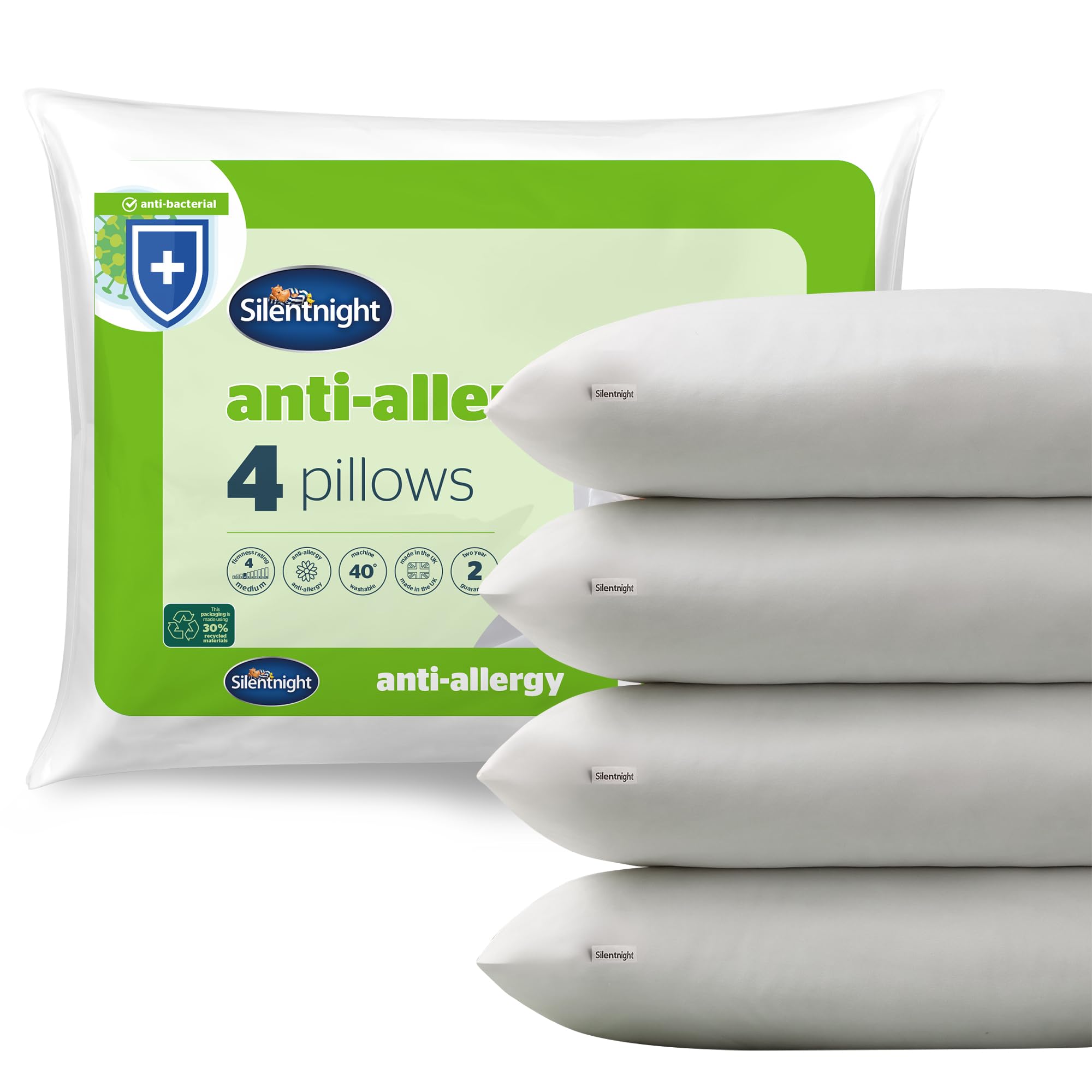 Silentnight Anti Allergy Pillows 4 Pack - Medium Support Anti-Bacterial Pillows for Side, Back and Front Sleepers - Allergy UK Approved Fibres - Pack of 4 - Standard Size