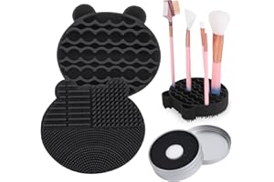 BIRD&FISH Silicon Makeup Brush Cleaner Mat with Brush Drying manual Make up cleaner cleanser machine Cosmetic Cleaning Pad+Makeup Dry Cleaned Quick Color Removal Sponge Scrubber Tool(Black)