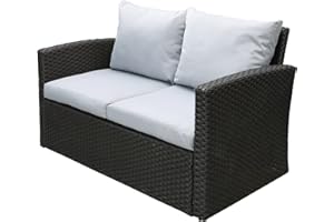 Green4ever Outdoor Patio Loveseat, Wicker Rattan Outside Furniture Couch Sofa with Grey Cushions