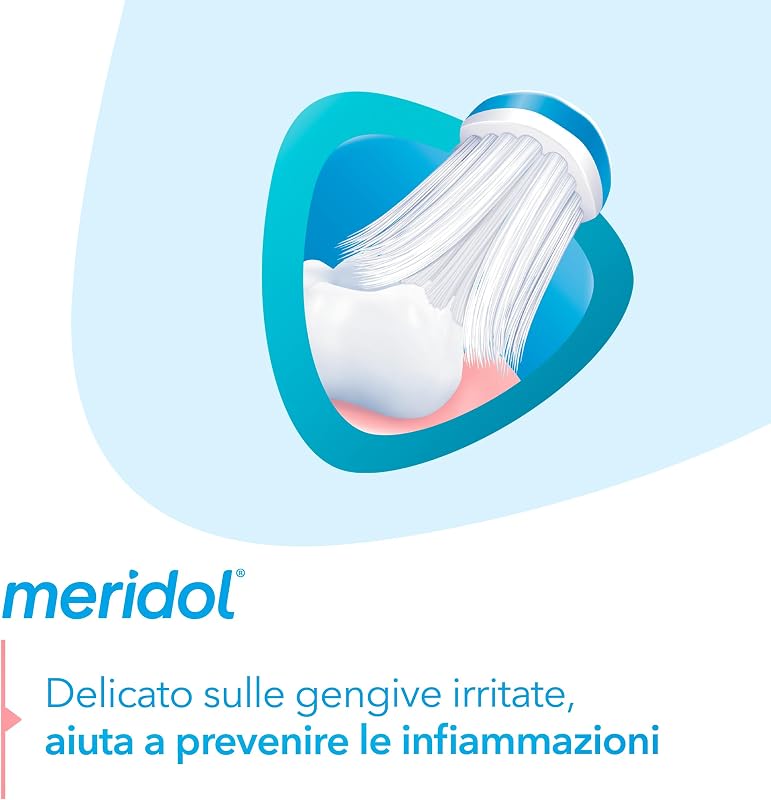 Brosse à dents Meridol Protection des gencives, avec poils doux aux extrémités microfines et filaments coniques I protège contre les irritations des gencives.