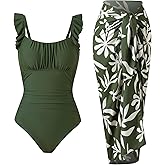 ININSANI Women's Vintage One Piece Swimsuit with Skirt 2 Piece Bathing Suit Set with Cover Up Tummy Control Slimming Swimwear