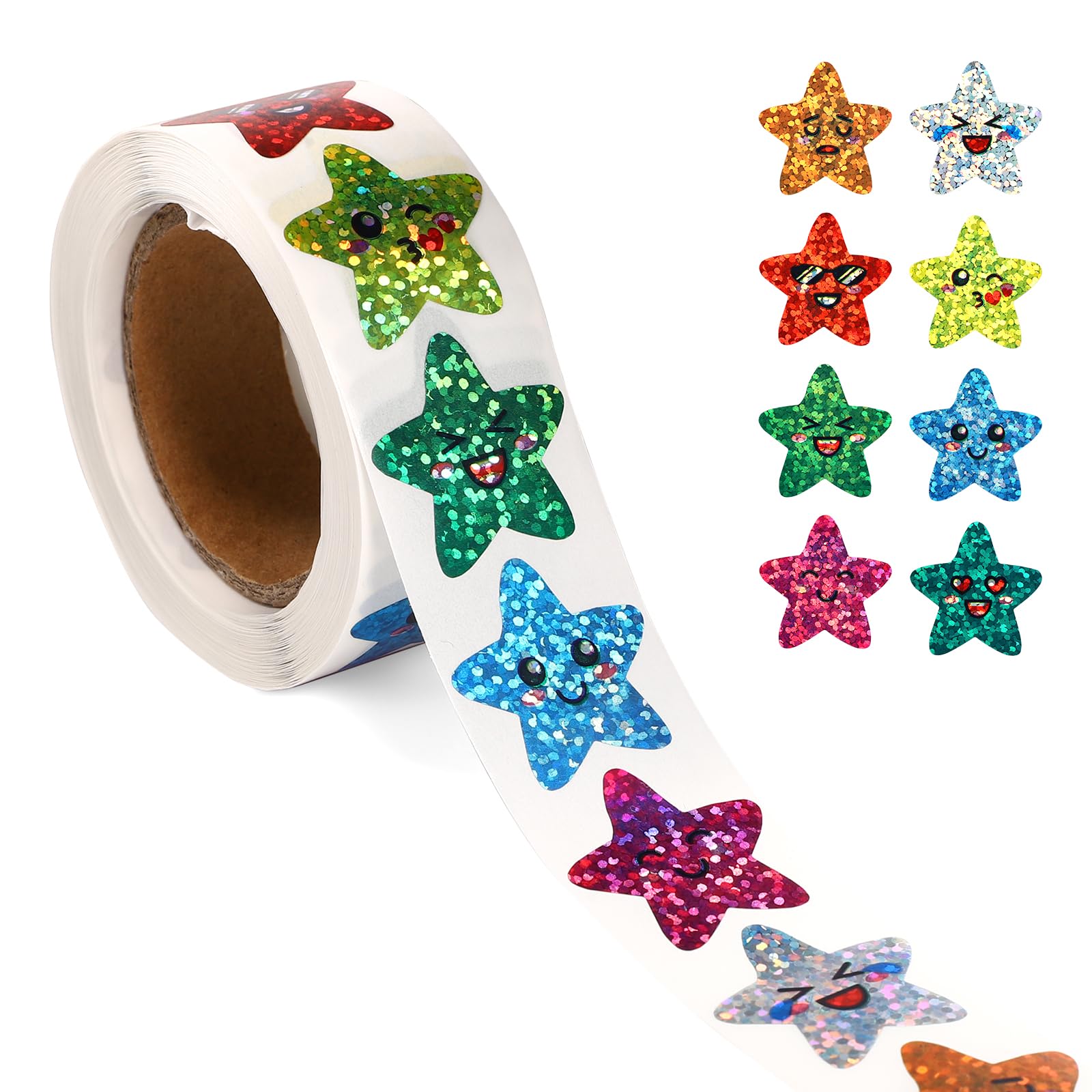 500pcs Star Smile Stickers, Premium Diameter 1in Glitter Smiling Face Stickers Roll Package Decoration Supplies Reward Awards and Incentives for Kids Children Suitable for Teacher