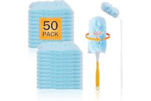 IBESTBY 50PCS 360° Duster Refill for Swiffer Duster, Heavy Duty Refills Disposable Microfiber Duster Feather Duster Kit with1 Short Handle and 1 Extenda Handle