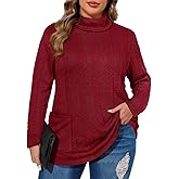 TIYOMI Plus Size Sweaters for Women Long Sleeves Cable Knit Turtleneck Top with Pockets Solid Lightweight Pullover Top Xl-5Xl