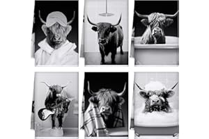 Boyiee Set of 6 Highland Cattle Kitchen Towels Funny Black and White Bathroom Cow Towels Absorbent 24 x 16 Inches Cute Bull T