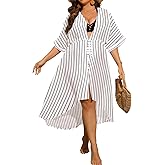 SWOMOG Women Cover Ups Plus Size Swimsuit Chiffon Kimono Long Cardigan Open Front Bathing Suit Summer Flowy Bikini Beachwear