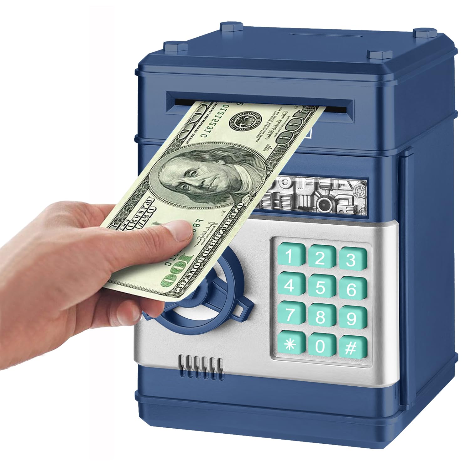 Revanom Electronic Piggy Bank, Mini ATM Password Money Bank Cash Coins Saving Box for Kids, Cartoon Safe Bank Box Perfect Toy Gifts for Boys Girls (Navy Blue)