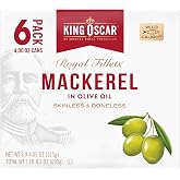 King Oscar Mackerel in Olive Oil, 4.05 oz Can, 6-Pk, Wild Caught | Skinless &amp; Boneless, North Atlantic, Hand Packed, Kosher, Non-GMO, Gluten Free, High Protein, Omega-3, Keto Friendly