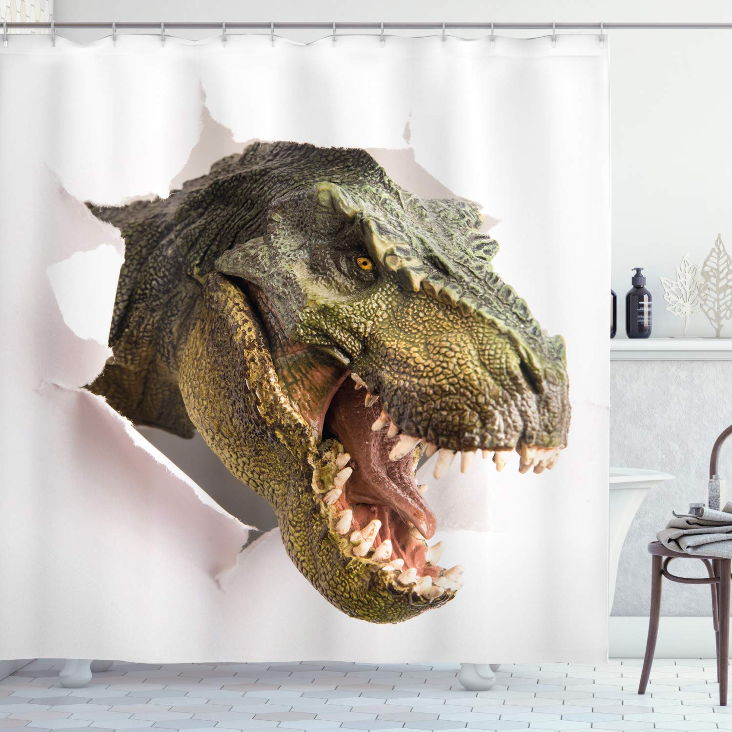 ABAKUHAUS Dinosaur Shower Curtain, Dangerous Dinosaur Tears up the Paper Wall Image Scary Break Scenery, Cloth Fabric Bathroom Decor Set with Hooks, 78 Inches, Green Army Green White