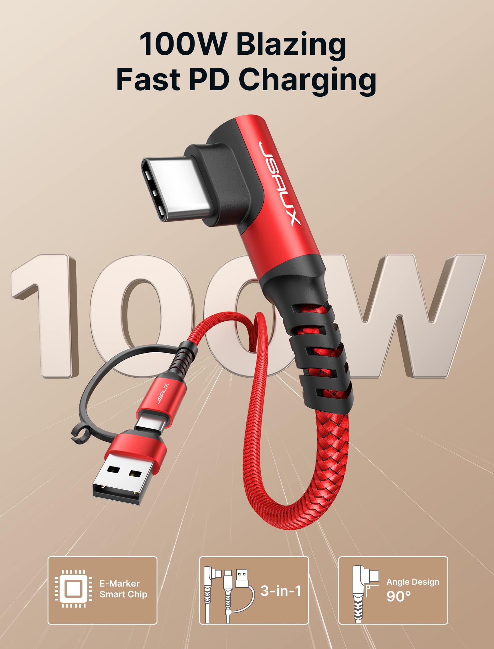 JSAUX 90° Right Angle 100W USB A/C to USB-C Cable + 45W USB C Power Charger