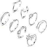 FUNEIA 8PCS 14K Gold Plated Adjustable Rings for Women, Gold Silver Stackable Knuckle Rings for Teen, Arrow Knot Wave Open St