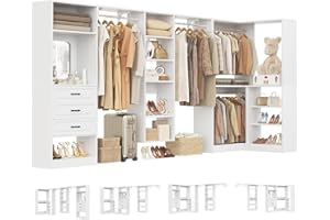 Unikito Modular Closet System with 3 Sets, 131”Corner Closet Organizer System With Mirror, Drawers, Hanging Rods & Adjustable Shelves, Freestanding Wood Wardrobe Organizer, Walk in Closet Tower, White