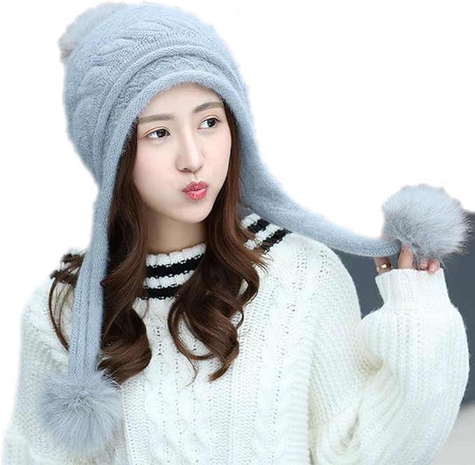 Amazon Unz レディース ニット帽 ポンポン 大きいサイズ 耳あて付 かわいい ファッション 冬 スキー スノボ 雪山 おしゃれ 小顔効果 人気 可愛い 百搭 裹起毛 防寒 暖かい 兎の毛 ウール 毛糸 帽子 グレー ニット 通販
