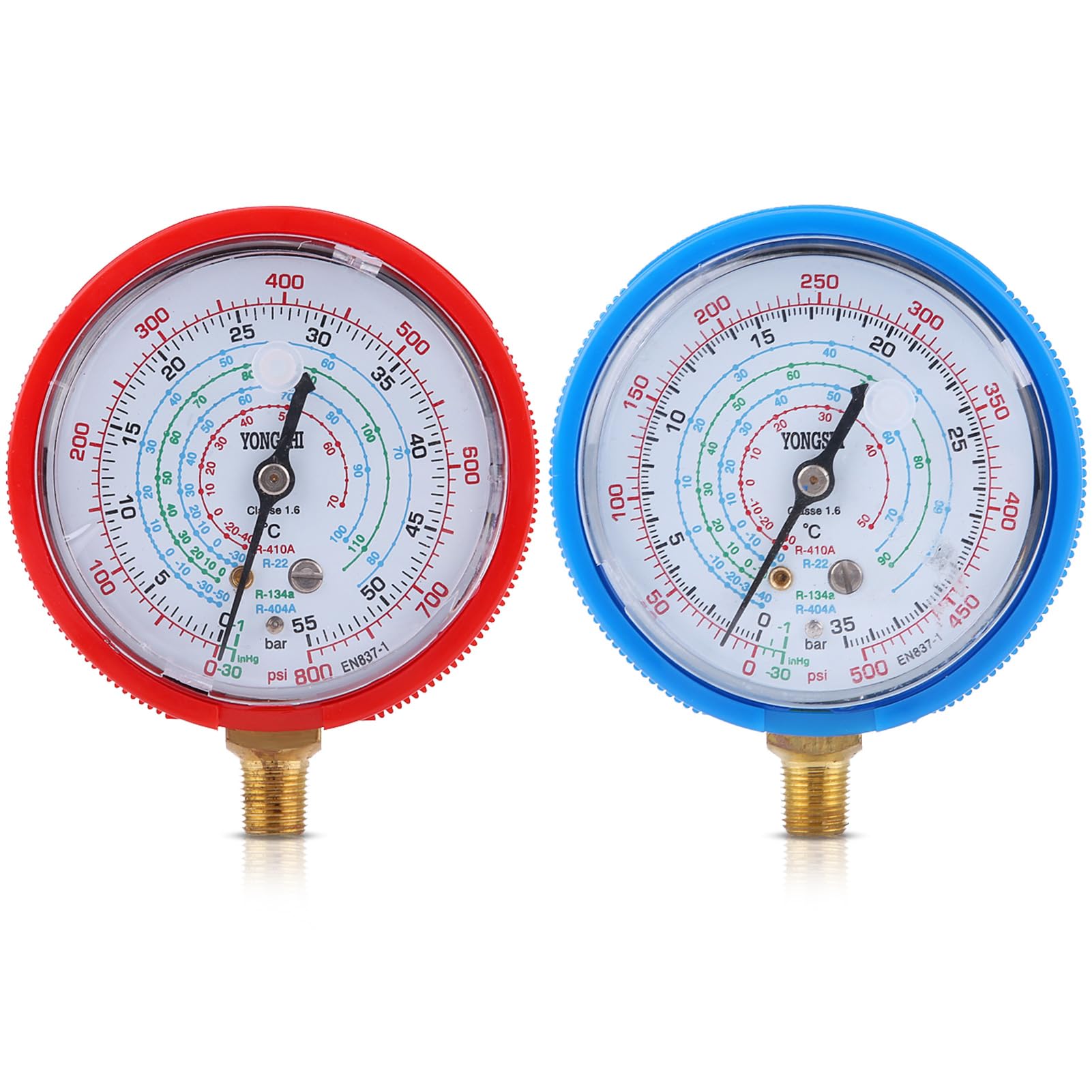 Photo 1 of equlup Air Conditioner Refrigerant Gauge, Brass Refrigerant Pressure Gauge Clear High and Low Pressure Gauge 10mm 0.4in Connector Diameter for R410A R134A R22 Refrigerant
